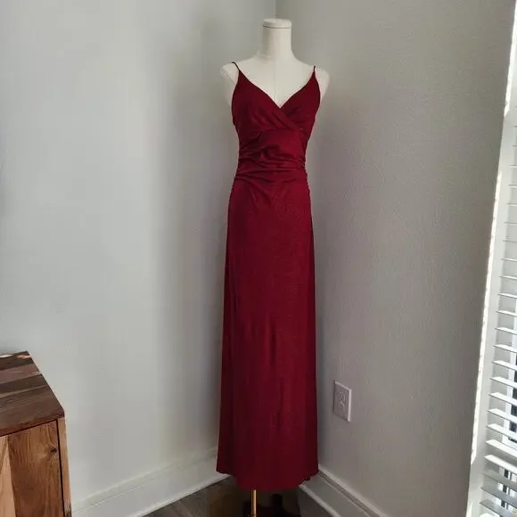 Vintage Y2K City Triangles Red Ruched Maxi Prom Dress Stretchy Spaghetti Strap S - Picture 1 of 13